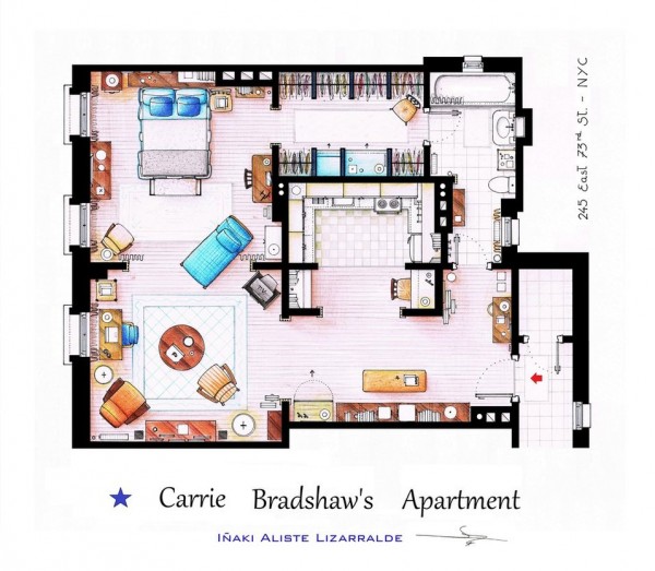 hand drawn floor plans of popular tv shows carrie bradshaw