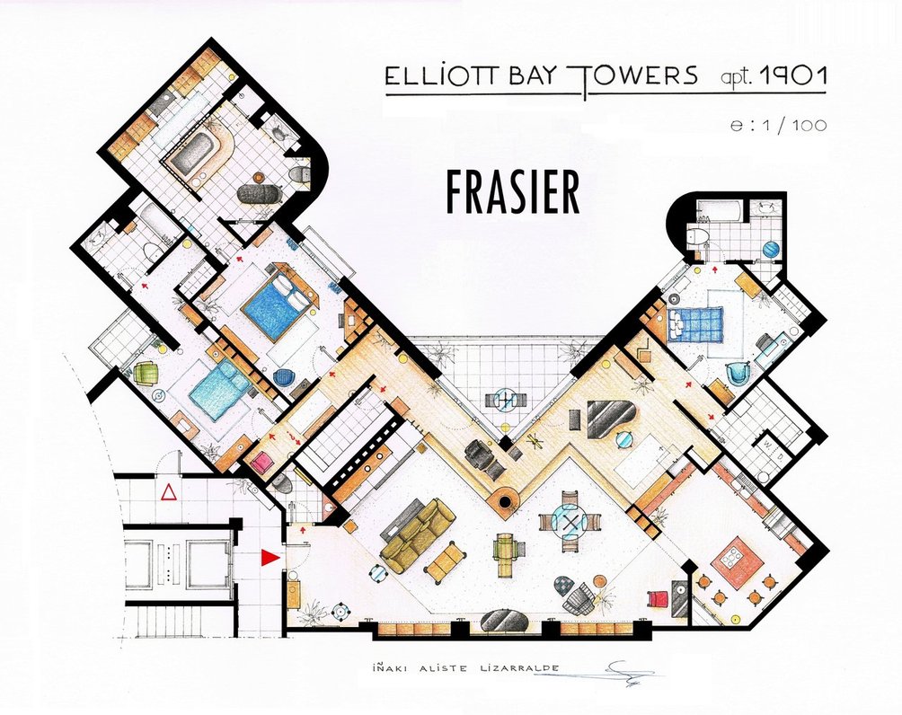 hand drawn floor plans of popular tv shows frasier