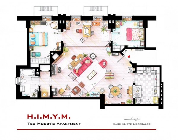 hand drawn floor plans of popular tv shows ted mosby
