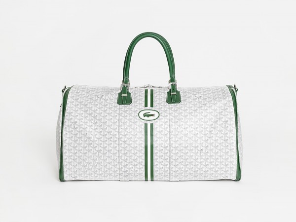 _LACOSTE_ET_MAISONS_FRANCAISES_ _Sac_de_voyage_Croisiere_en_toile_blanche_et_cuir_vert_par_GOYARD