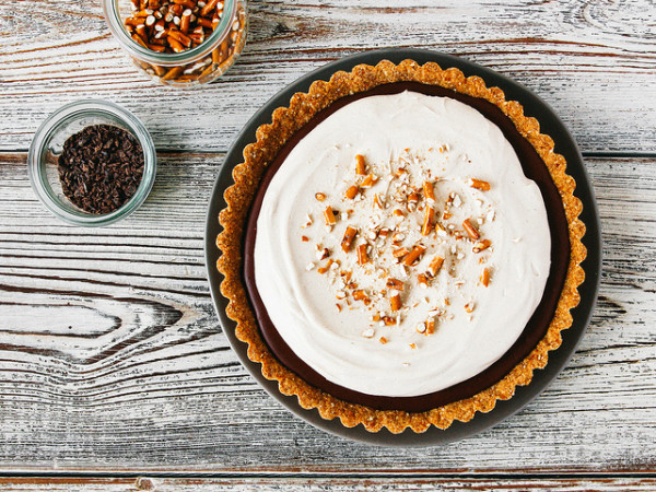 Chocolate Mousse Pie with Peanut Butter Whip Pretzel Crust