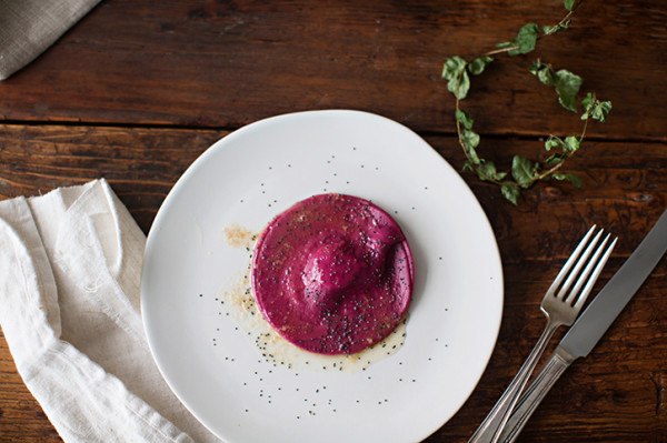 Ricotta and Sage filled Beet Ravioli