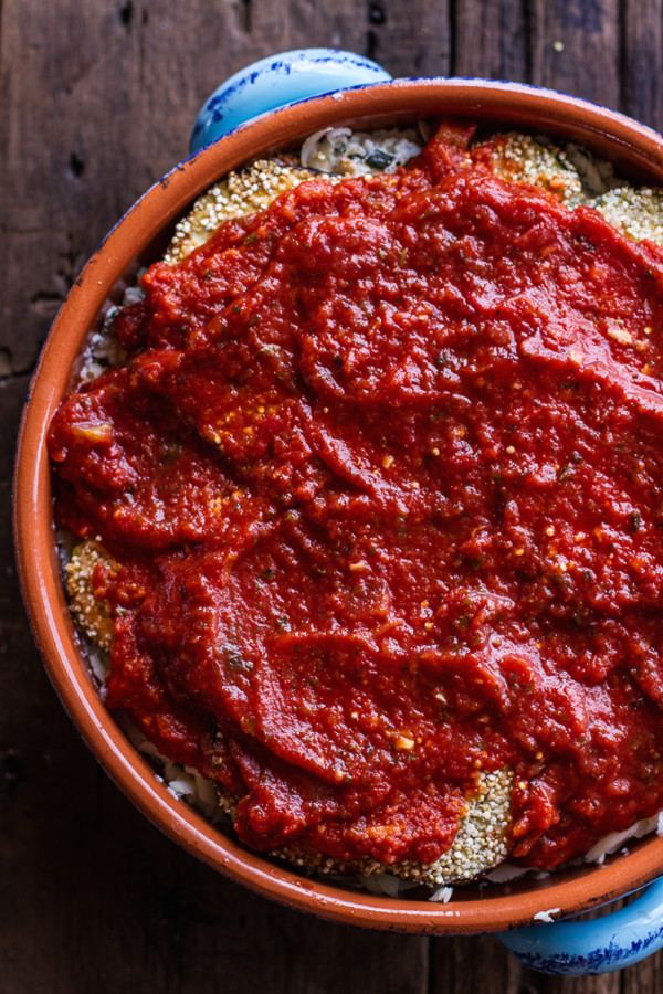 Quinoa Crusted Baked Three Cheese Zucchini and Eggplant Parmesan.