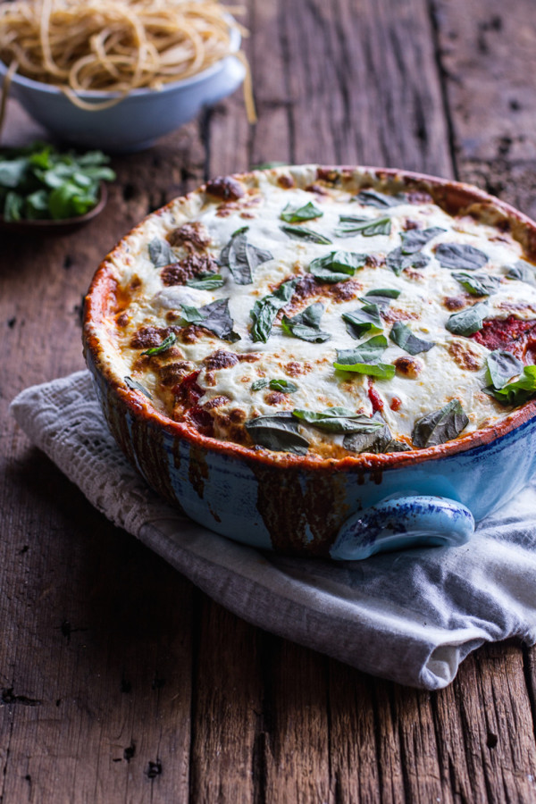 Quinoa Crusted Baked Three Cheese Zucchini and Eggplant Parmesan.