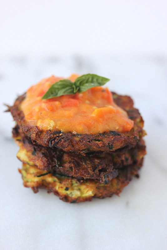 Grain free Zucchini Fritters with Roasted Garlic and Heirloom Tomato Compote