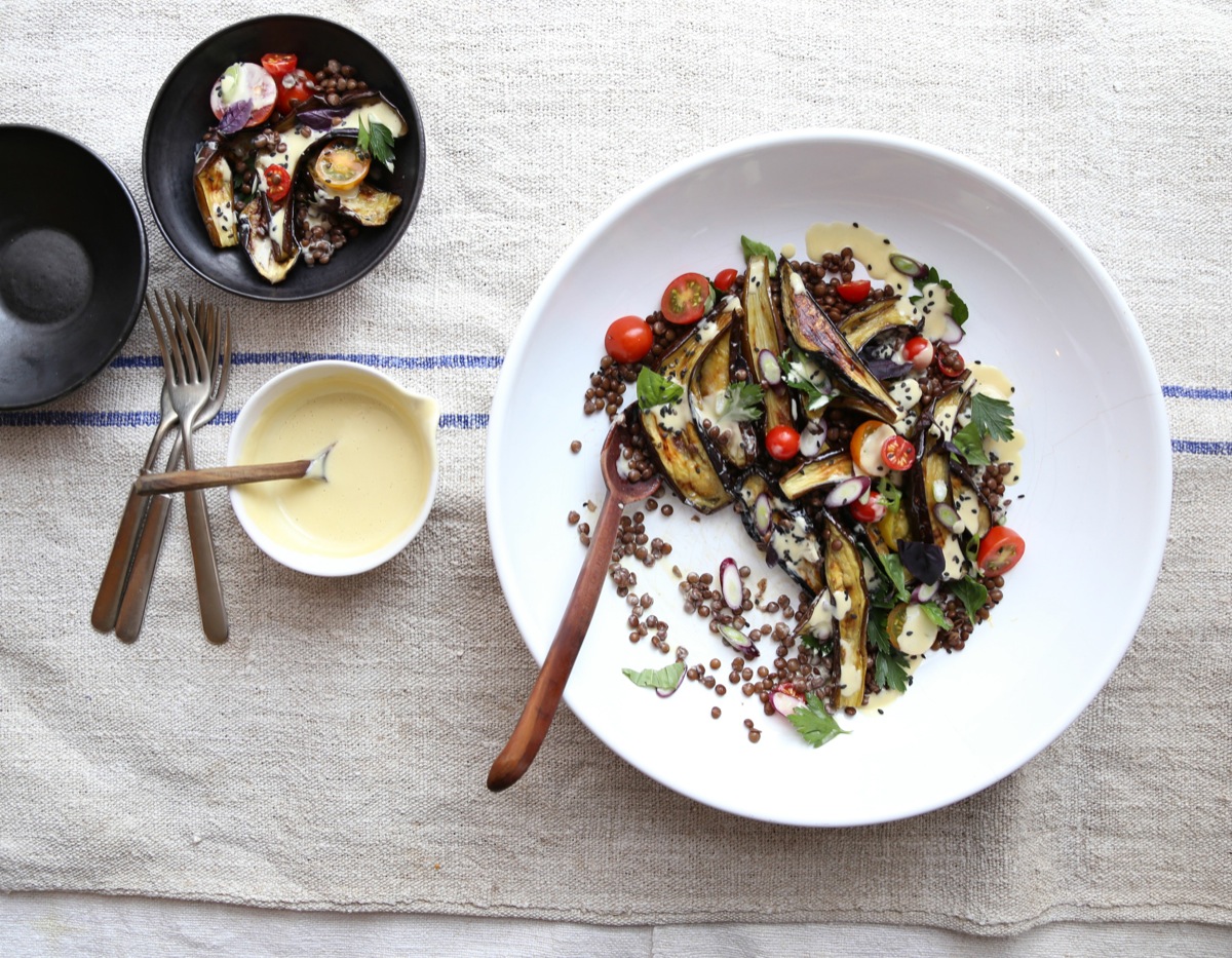 Roasted eggplant salad with tangy miso dressing