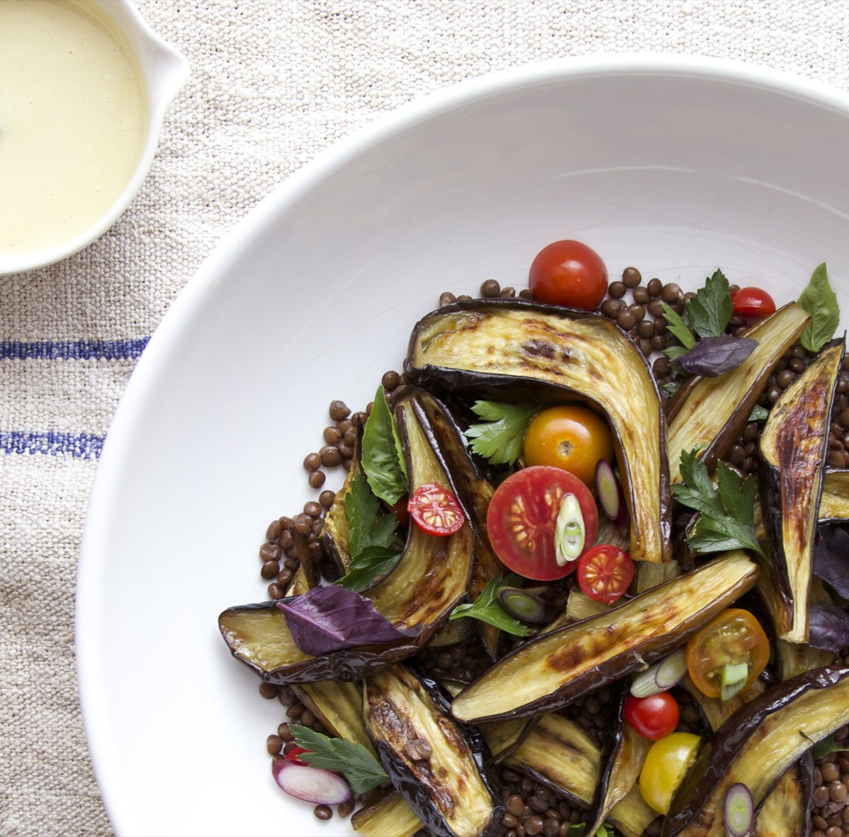 Roasted Eggplant Salad with Lentils and Tangy Miso Dressing