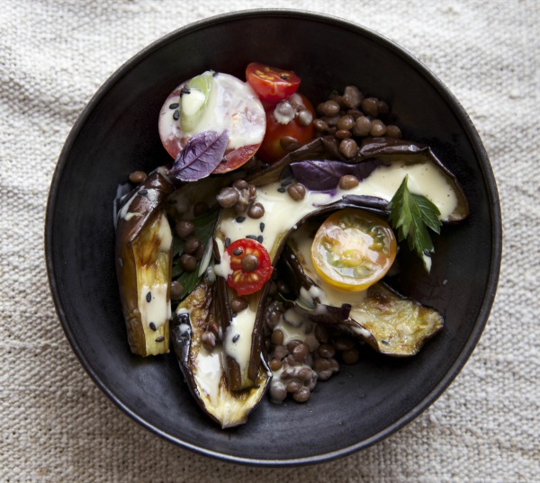 Roasted eggplant salad with tangy miso dressing