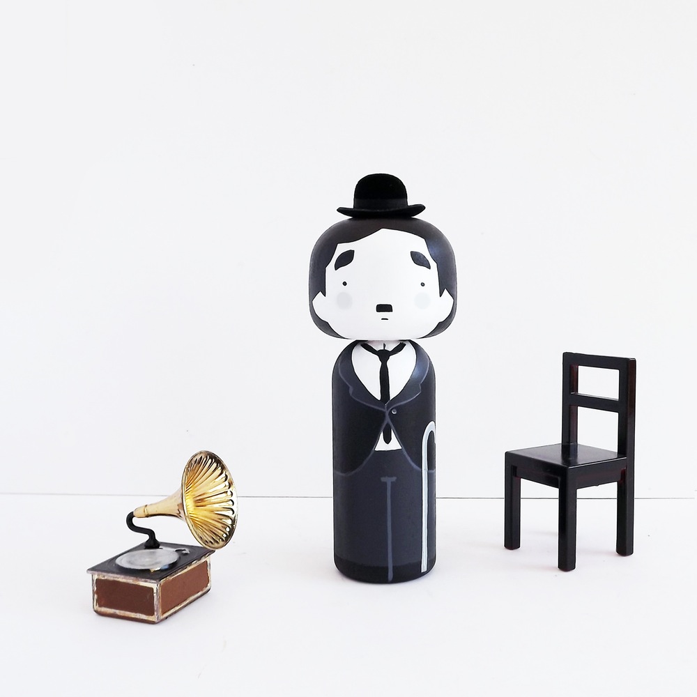 charlie chaplin kokeshi wood figure becky kemp