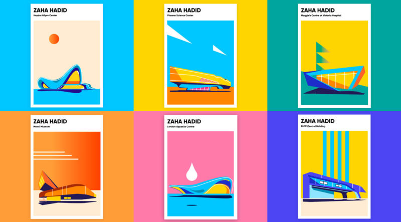 Zaha Hadid poster illustrations by Anastasia Bakusheva