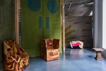 'Quilted Fragments' chairs by Lewis Kemmenoe with 'Door Rug 4031' by Gary Hume, from Christopher Farr