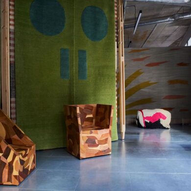 'Quilted Fragments' chairs by Lewis Kemmenoe with 'Door Rug 4031' by Gary Hume, from Christopher Farr