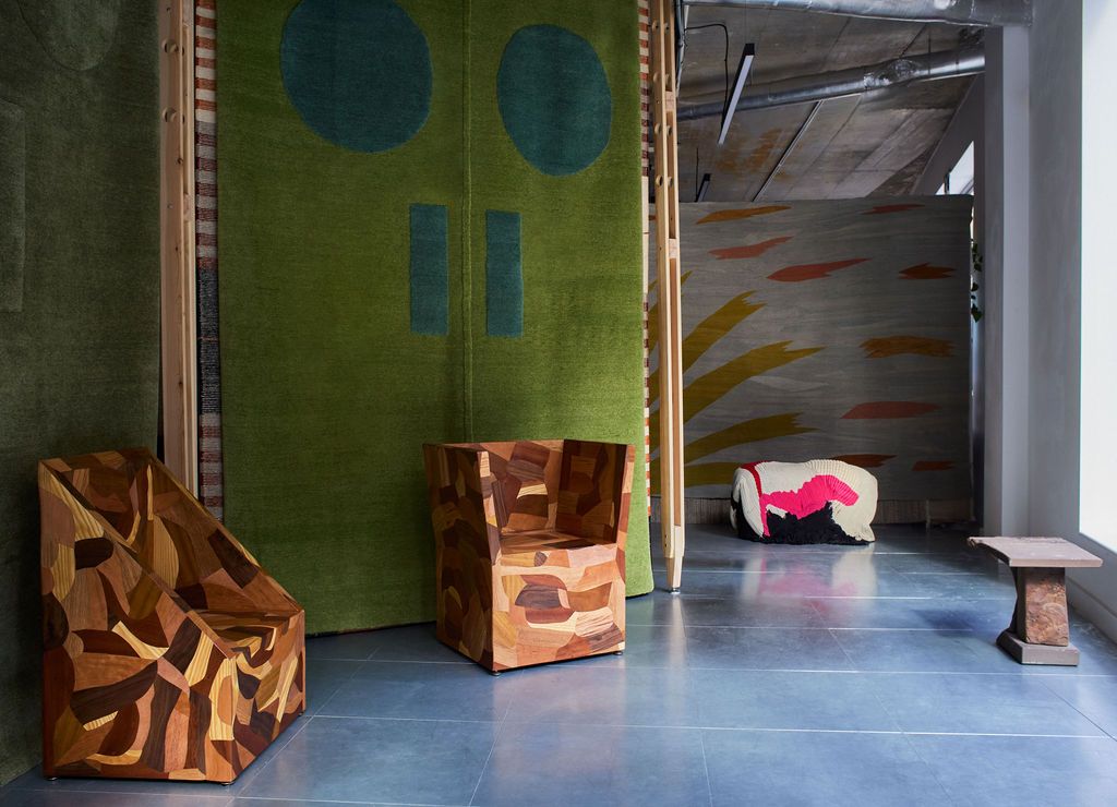 'Quilted Fragments' chairs by Lewis Kemmenoe with 'Door Rug 4031' by Gary Hume, from Christopher Farr