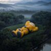 Aerial view of the 30-meter osmanthus-yellow robotic COMPANION reclining on the lawns of Orioles Singing in the Willows, West Lake, Hangzhou